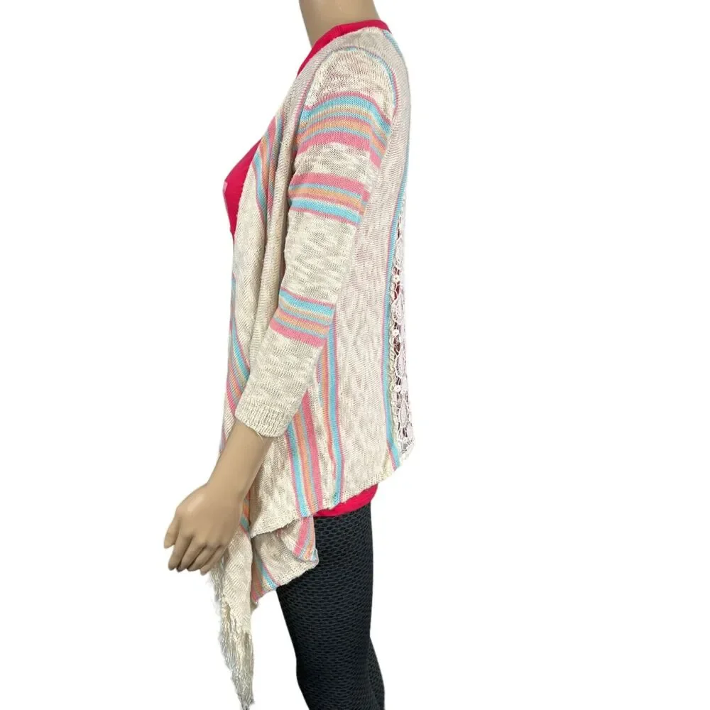 Maurices Womens Cardigan Sweater Crochet Back Striped Fringed Open Front Medium